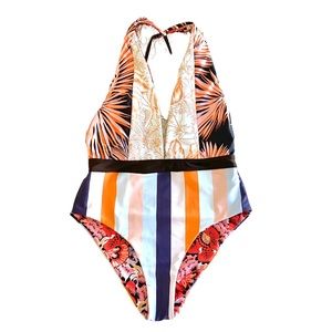🌸Tropical Floral & Stripe Plunge Front Maillot